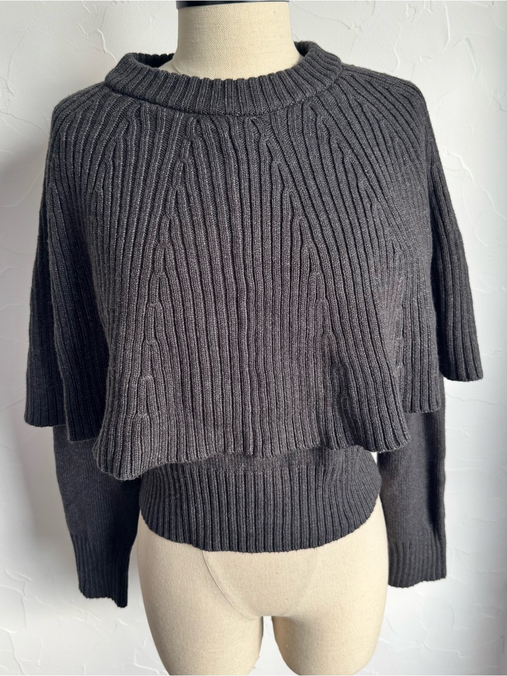 LOFT Charcoal Layered Ribbed Crewneck Sweater